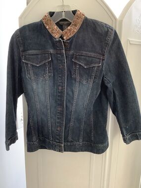 Banana Republic Dark Blue Denim Jacket with Sequin-Embellished Collar